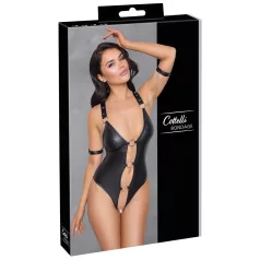  Cottelli Bondage - otvorený lesklý body s krúžkami - čierny - XL