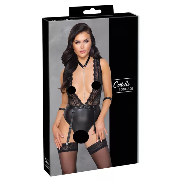 Cottelli Bondage - body s čipkou a obojkom - čierne - M