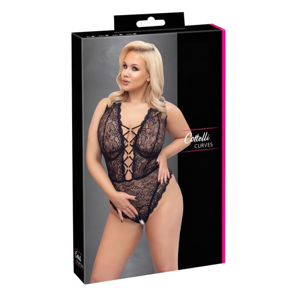 Cottelli Curves - dámske body plus size - priehľadné s vzorom - čierne - 90D/XL