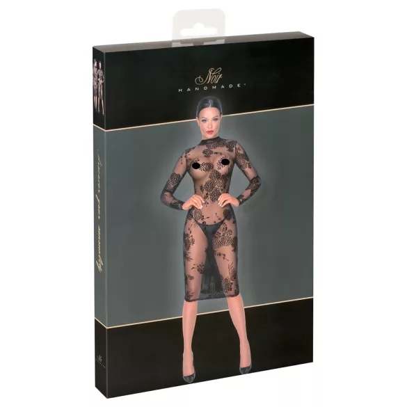 Noir - priesvitné, kvetované, dlhé rukávy šaty (čierne) - M