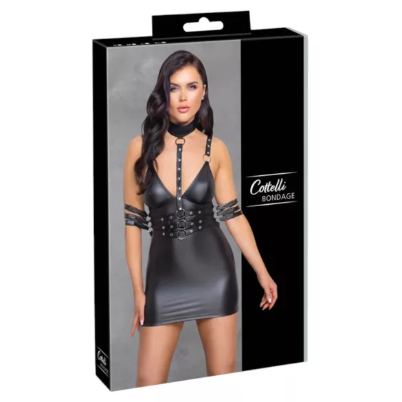 Cottelli Bondage - mini šaty na krk - lesklé - čierne - M