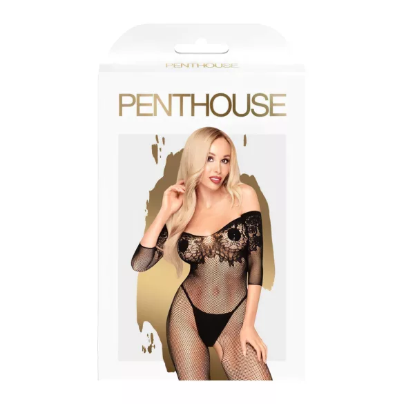 Penthouse High Profil - erotický overal carmen - čierny, kvetinový vzor - XL