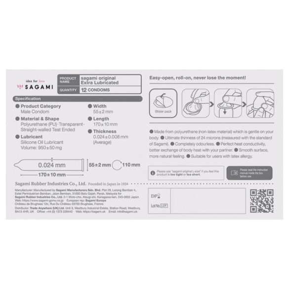 Sagami Original 0.02 - extra lubrikovaný kondóm - 55mm - 12ks