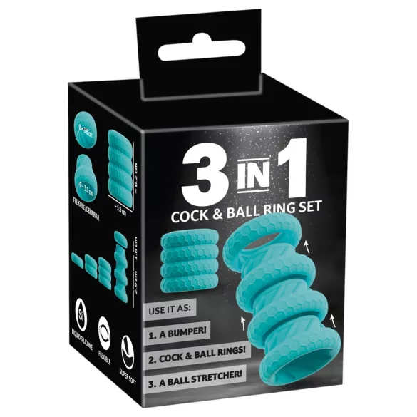 You2Toys - 3v1 sada krúžkov na penis a semenníky (tyrkysová)