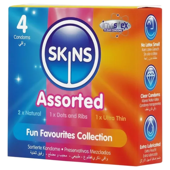 Skins - mix kondómov - bodkované, natural, extra tenké (4 ks)