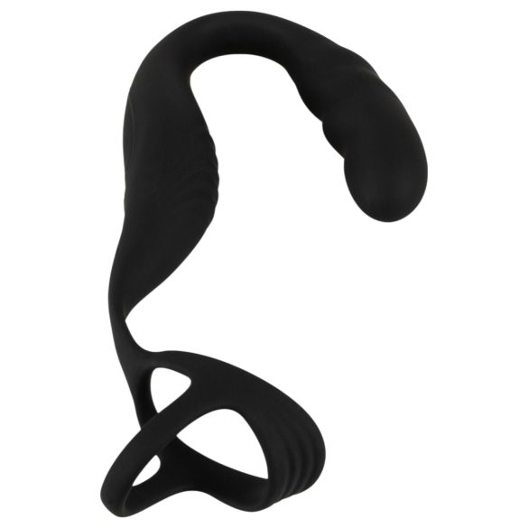 Rebel - prostatický vibrátor s krúžkom na penis a semenníky (čierny)