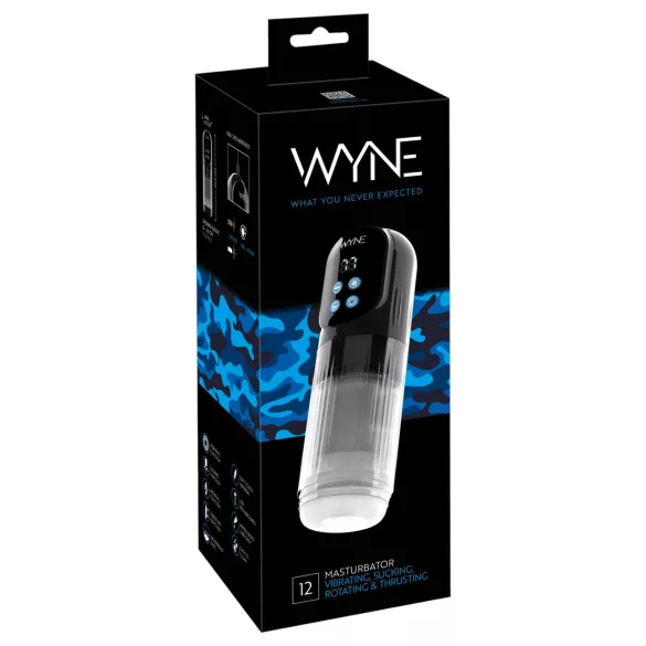 WYNE 12 - sací, rotačný a vibračný akumulátorový masturbátor (čierny)