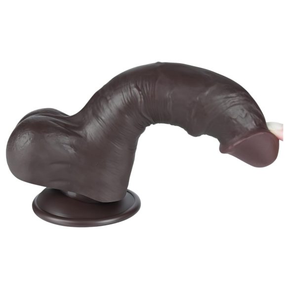 Lovetoy Sliding-Skin - dvojitý dildo s semenníkmi - 20cm (hnedá)