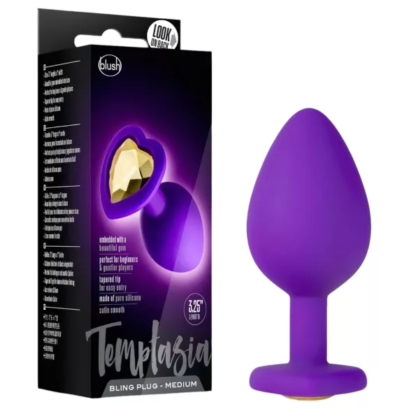 Temptasia M - análny dildo srdce so zlatým kameňom - fialový - stredný