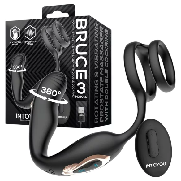 IntoYou Bruce - rotačný rádiový vibrátor prostaty s dvojitým krúžkom (čierny)