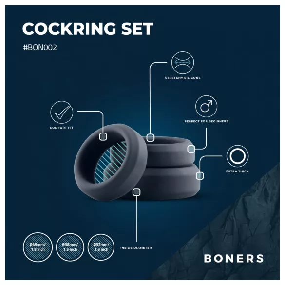 Boners - set silikónových erekčných krúžkov - 3 ks - sivé