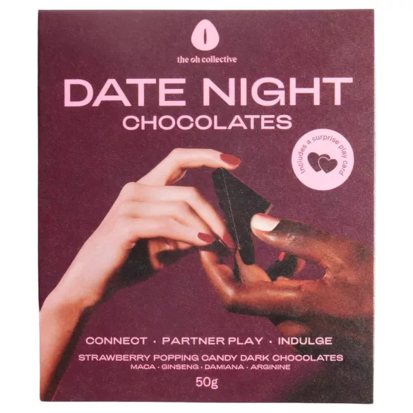 The Oh Collective Date Night - tmavá čokoláda s makadamovým orechom a jahodami pre páry (50 g)