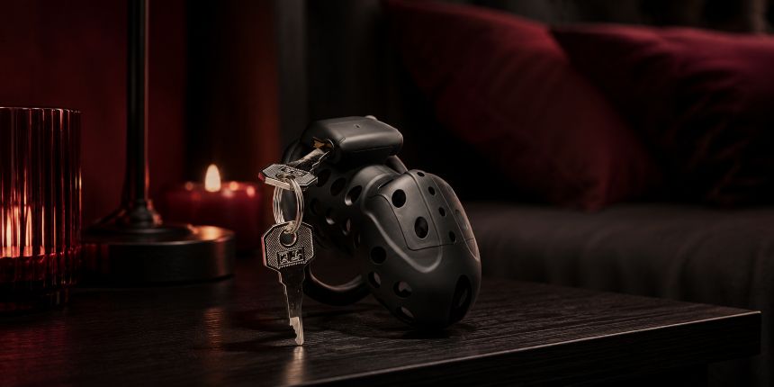 Čierna chastity cage s kľúčmi na nočnom stolíku, zobrazené v sprievodcovi lovesexshop.sk sex shopu