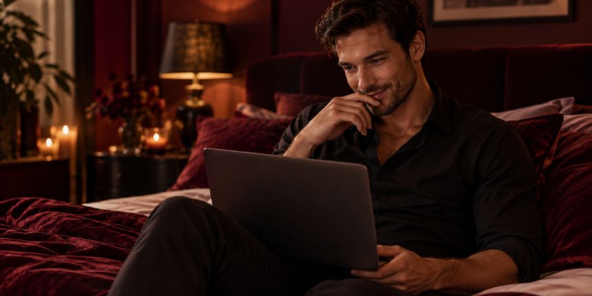 Muž sedí na posteli s notebookom a číta tipy na masturbáciu | lovesexshop.sk sex shop
