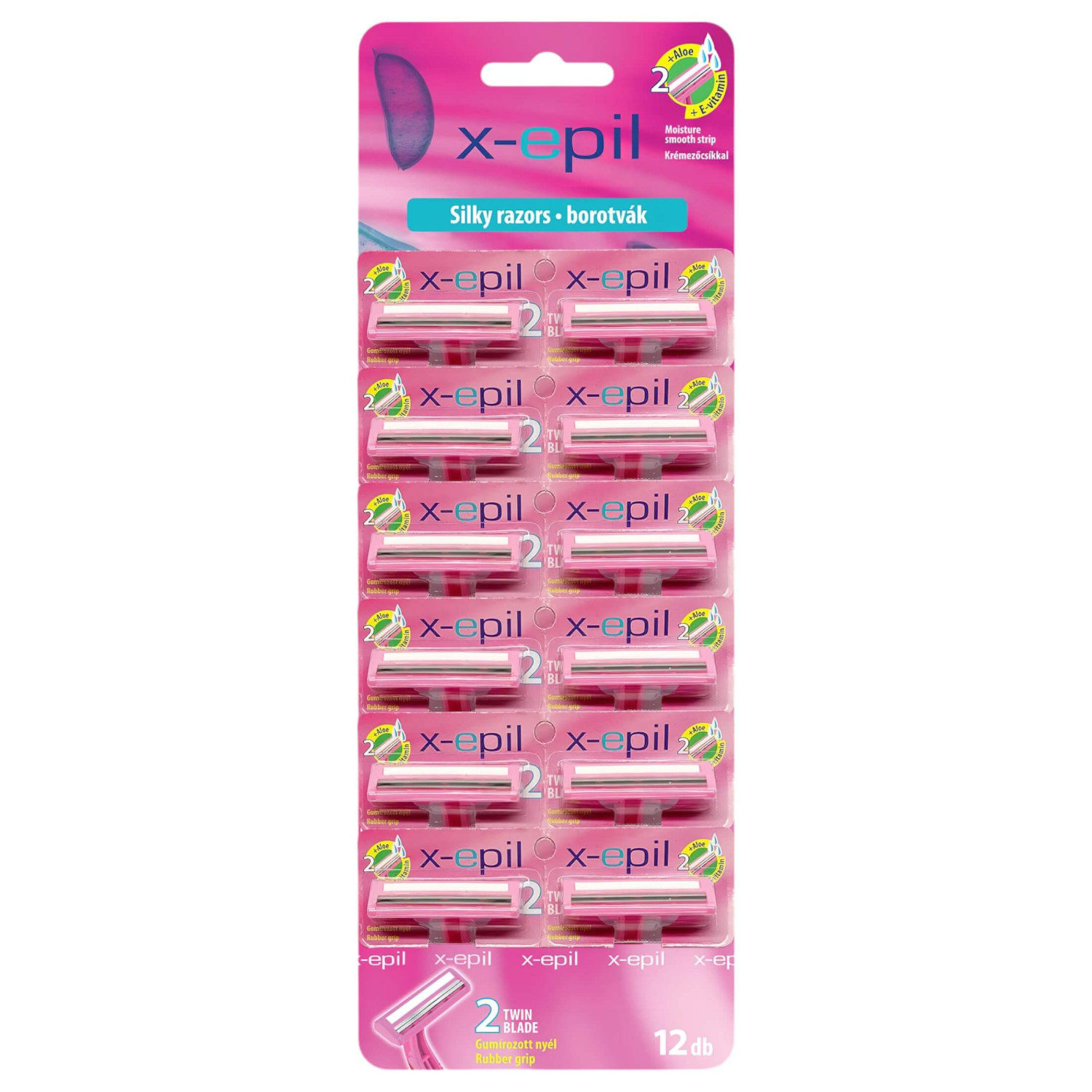 X-Epil Silky - 2-čepeľový holiaci strojček s gumovou rukoväťou (12 ks)