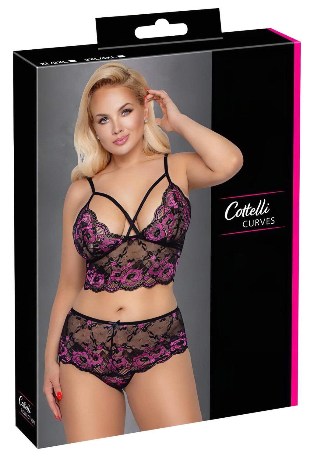 Cottelli Plus Size - kvetinový set podprsenky (čierno-fialová)