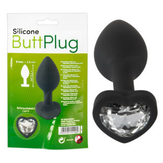 You2Toys Silicone Butt Plug - análne dildo v tvare srdca s bielym kamienkom ( čierne)
