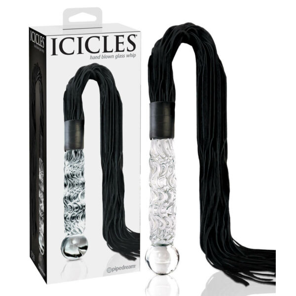 Icicles No. 38 - kožené šľahané, zvlnené sklenené dildo (priesvitno-čierne)