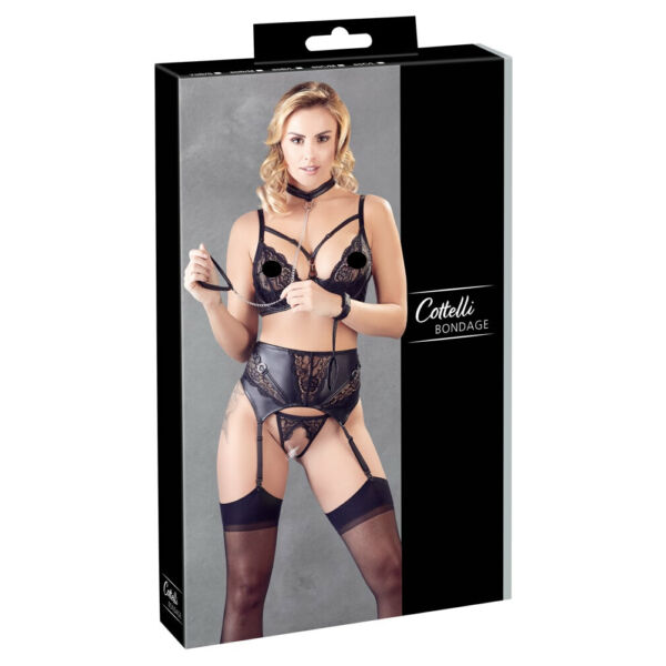 Cottelli Bondage - lace-shiny lingerie set with leash (black)